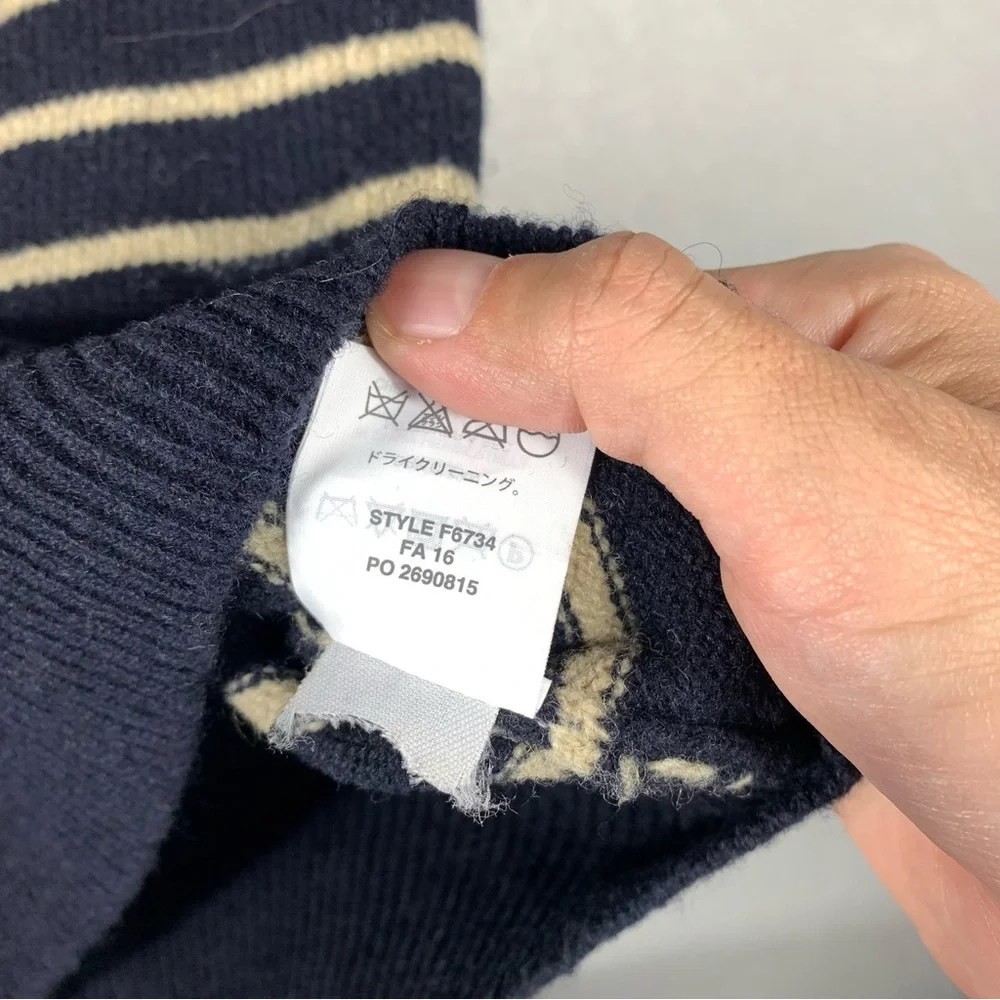 J.Crew Sweater Mens Large Navy Blue Striped Lambs Wool Crew Neck Long Sleeve